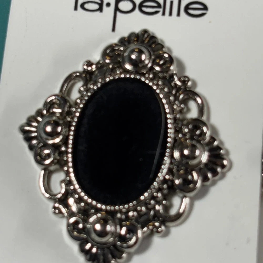 La Petite 1078 Ornate Silver Black Velvety Shank Buttons 1.75 Inch 44mm Set of 2